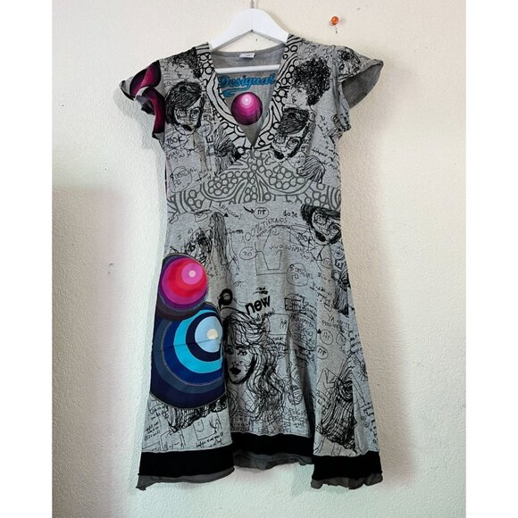 Desigual Women's Abstract Graphic Print A-Line Mini Dress Cap Sleeve V-Neck Gray - Picture 1 of 14